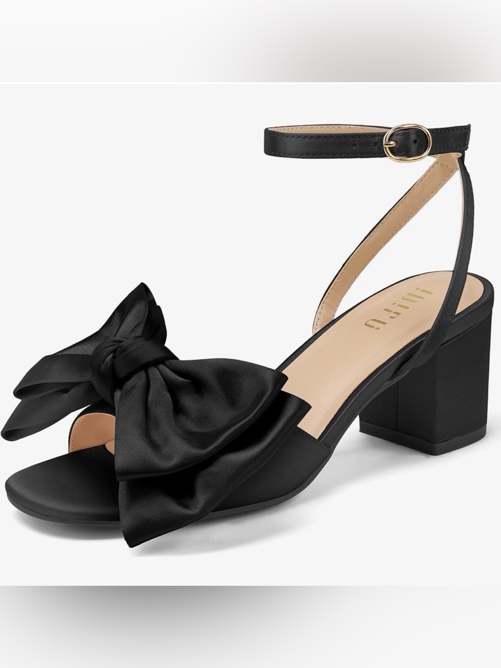 Black Bow Ankle-Strap Block Heel Sandals